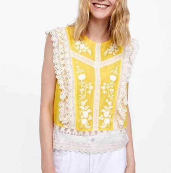 Zara embroidered Lace Yellow & White Blouse - Picture 1 of 8